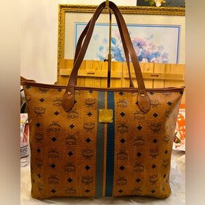 MCM Visetos Cognac Tote with Zipper top Closure.